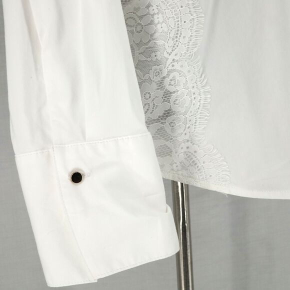 Chicos Top 2 Womens Large 12 White Blouse Cuffed Lace on Sides Buttons Academia - Picture 13 of 16